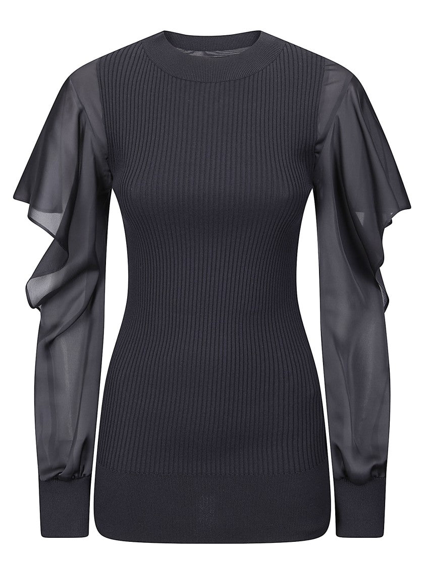Sacai Satin-Cotton Blend Knit Pullover With Relaxed Fit And Ribbed Details