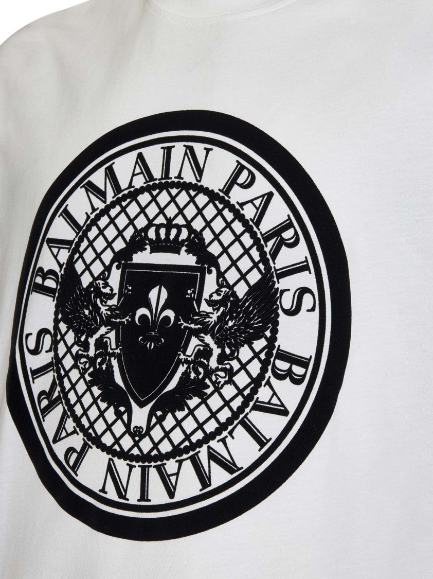 Balmain White T-Shirt With Bold Circular Graphic Design