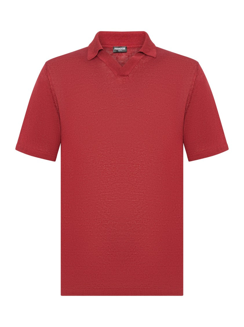 Franzese Collection Textured V-Neck Polo Shirt In Irish Linen-Cotton Blend