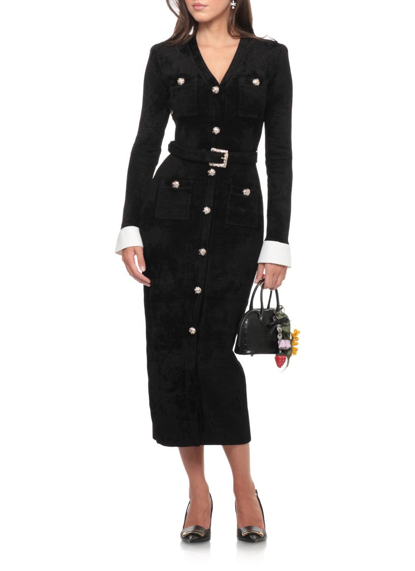 Self-Portrait Fitted Chenille Long Dress With Jeweled Accents