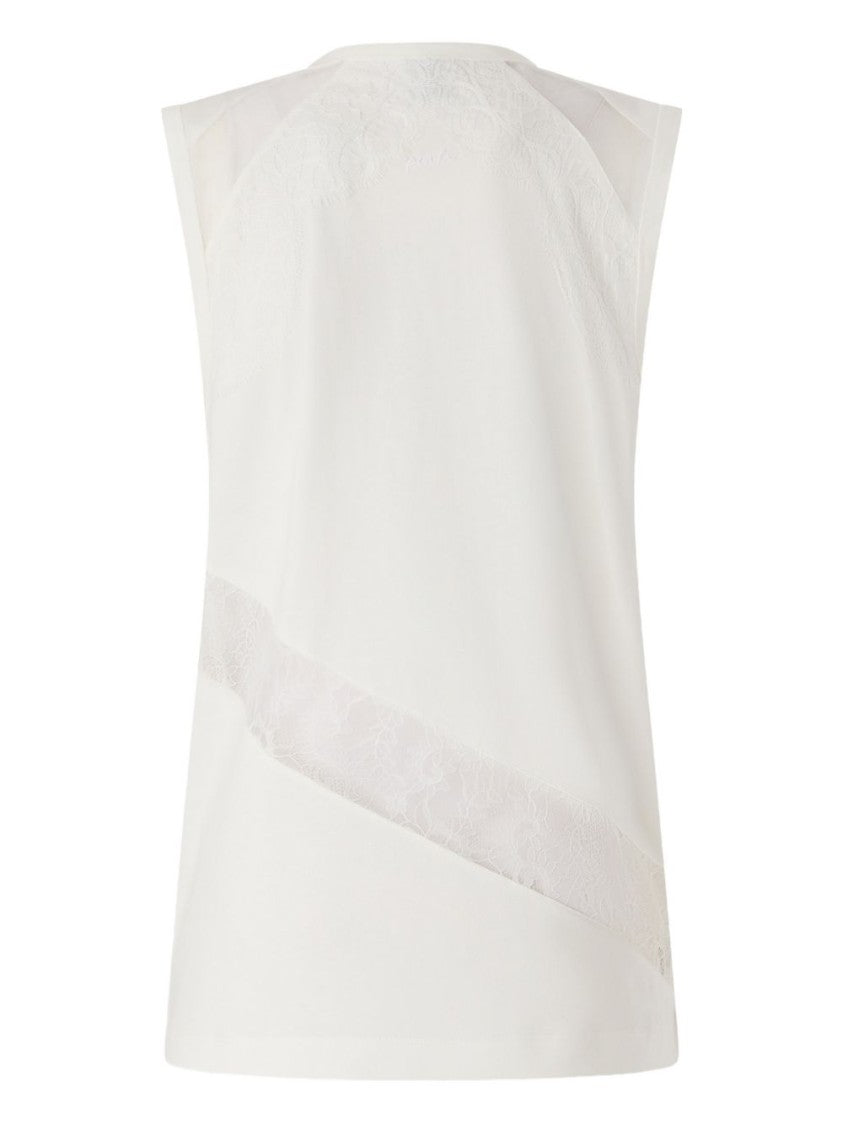 Pinko Sleeveless White Cotton Top With Lace Inserts And Relaxed Fit