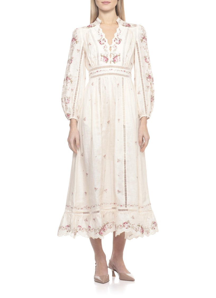 Zimmermann Pink Patience Lace Floral Linen Midi Dress