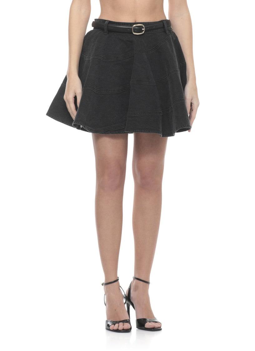 Self-Portrait Flared Black Denim Mini Skirt With Matching Belt