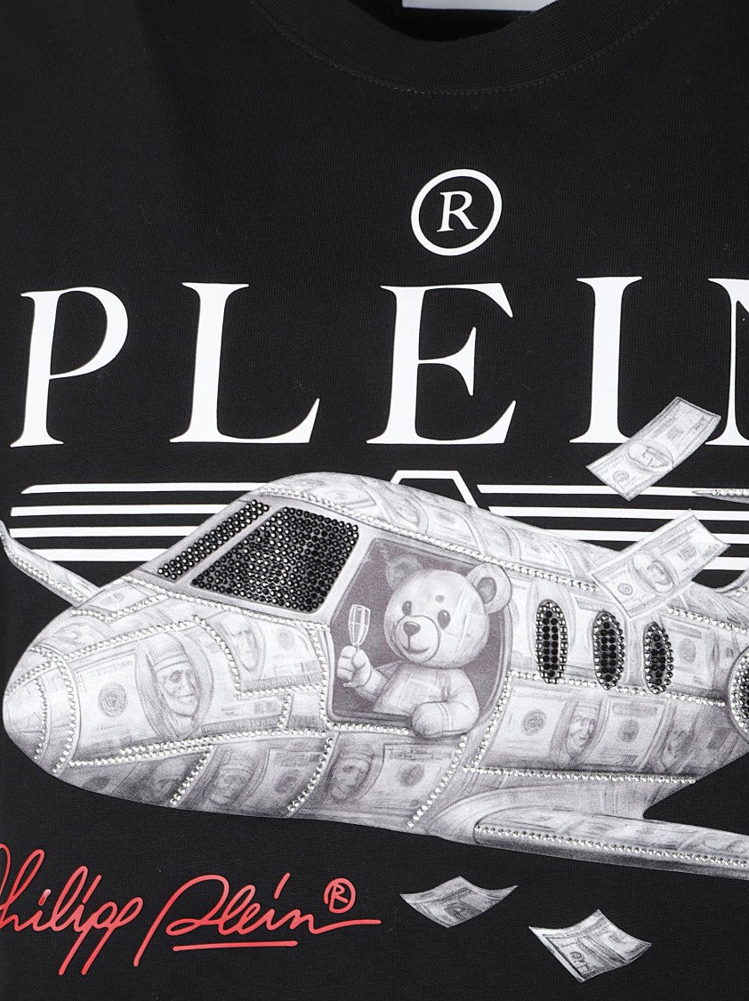 Philipp Plein Black Graphic T-Shirt With Airplane And Teddy Bear Print