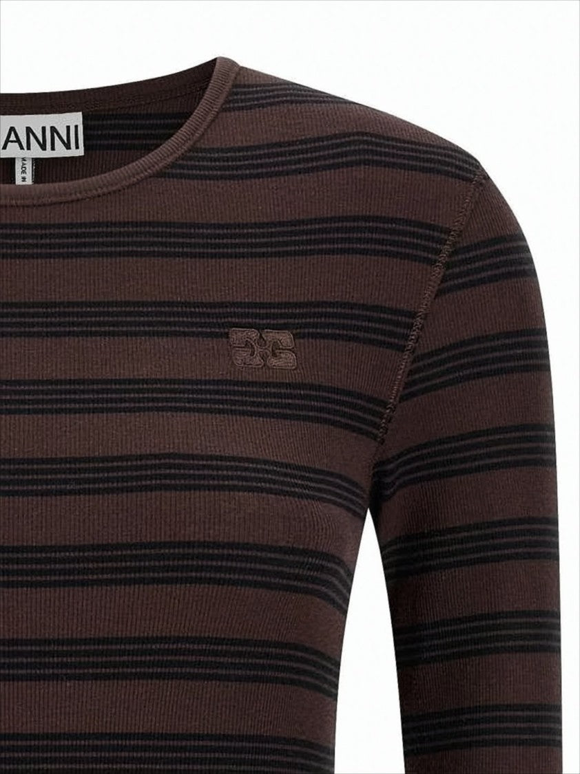 Ganni Fitted Long Sleeve Top With Horizontal Stripes