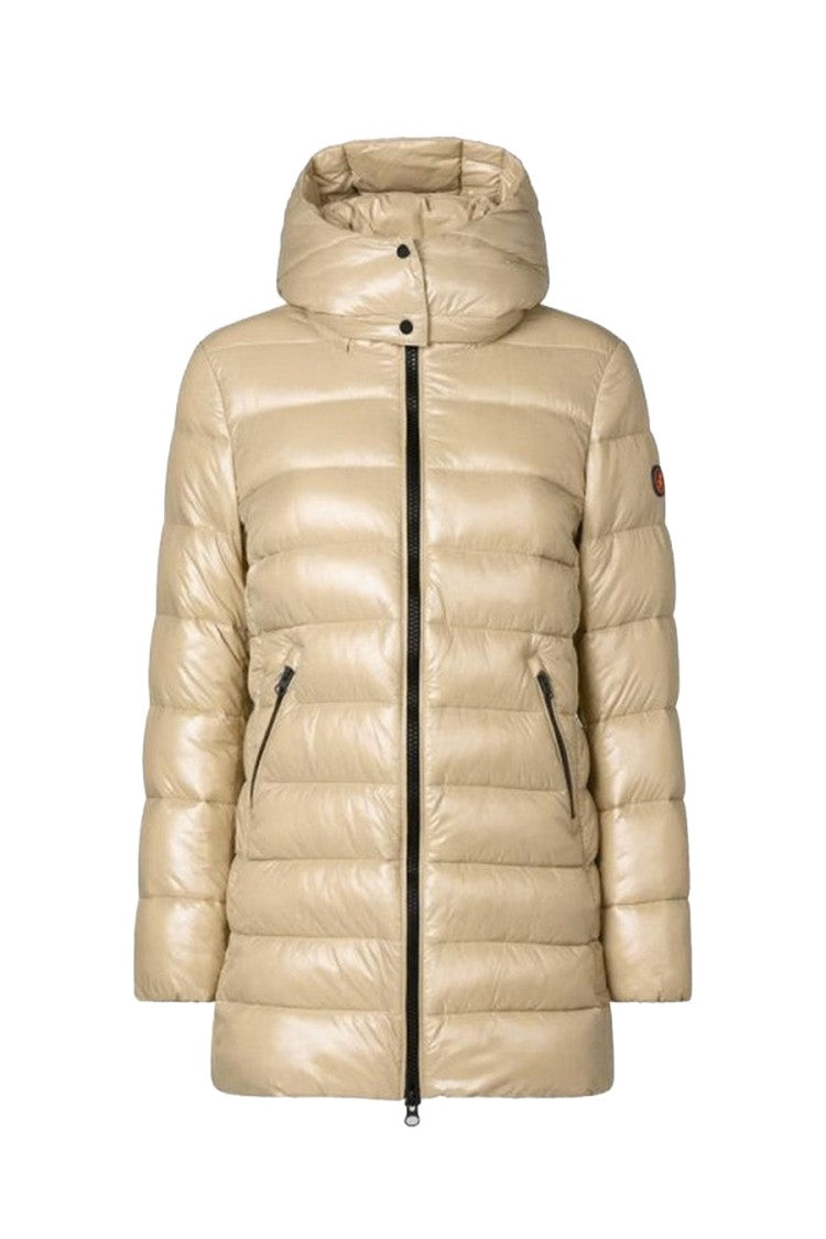Save The Duck Beige Glossy Hooded Recycled Nylon Puffer Jacket