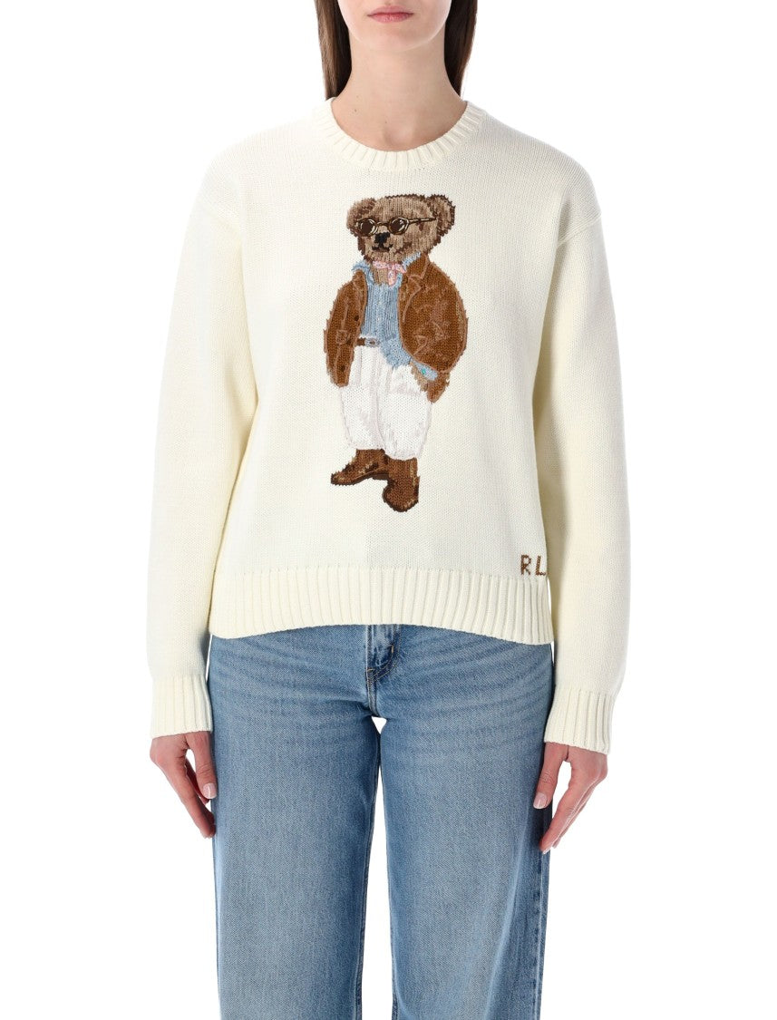 Polo Ralph Lauren Cotton Knit Sweater With Intarsia Bear Motif And Ribbed Trim