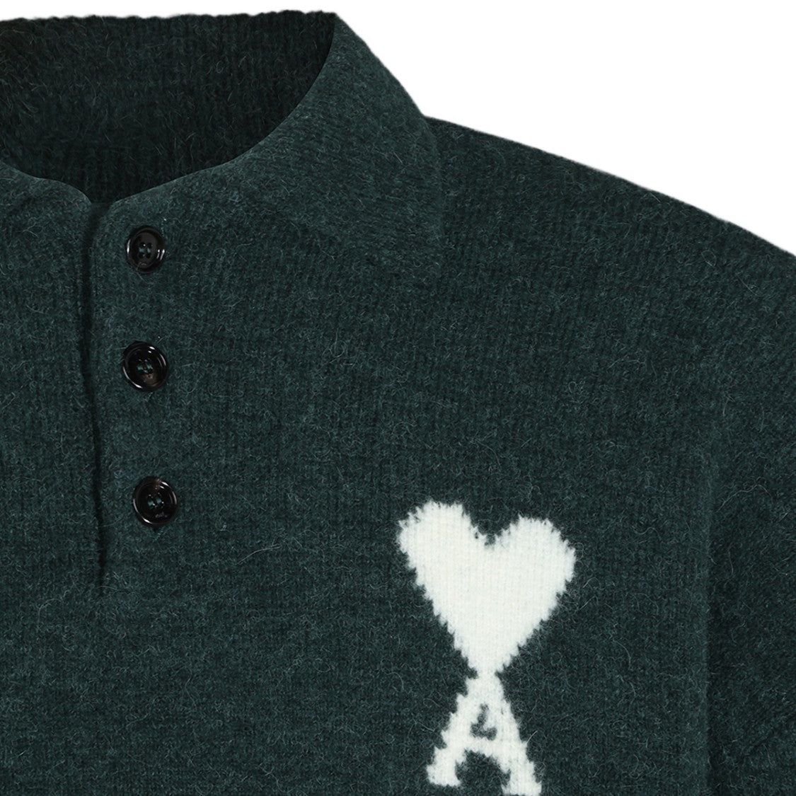Ami Paris Deep Green Embroidered Polo Collar Sweater