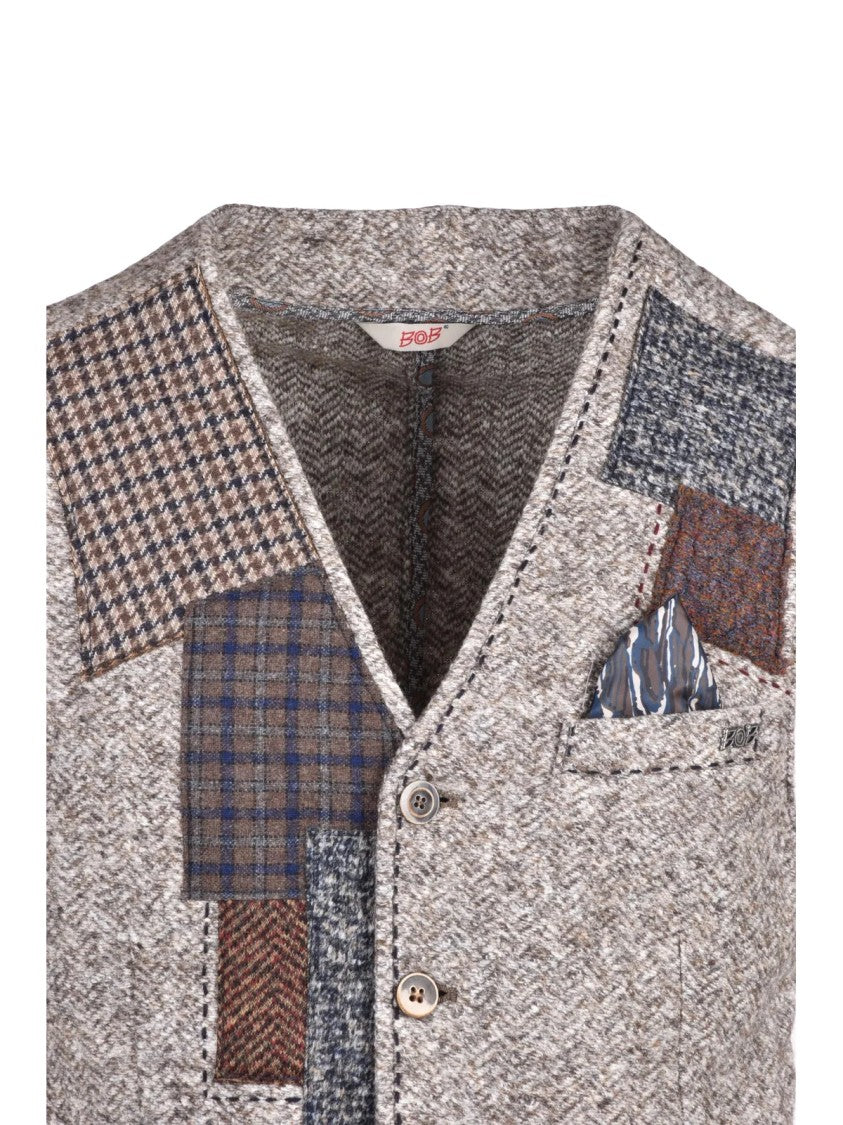 Bob Eclectic Patchwork Mens Vest With Textured Herringbone Base
