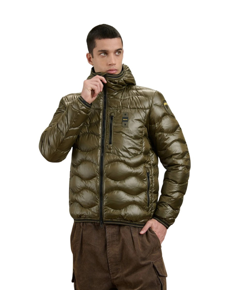 Blauer Olive Green Wave Quilted Hooded Polyamide Down Jacket