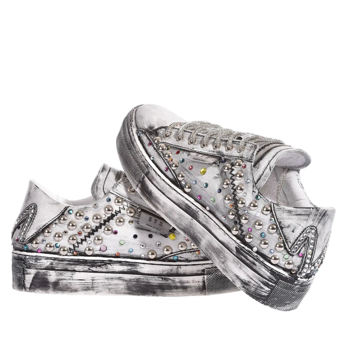 Mimanera White Black Handcrafted Swarovski Studded Sneakers