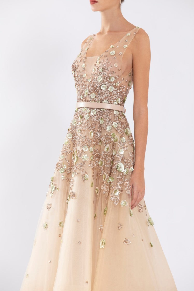 Saiid Kobeisy Tulle, Ankle Length Dress With Dotted Beading