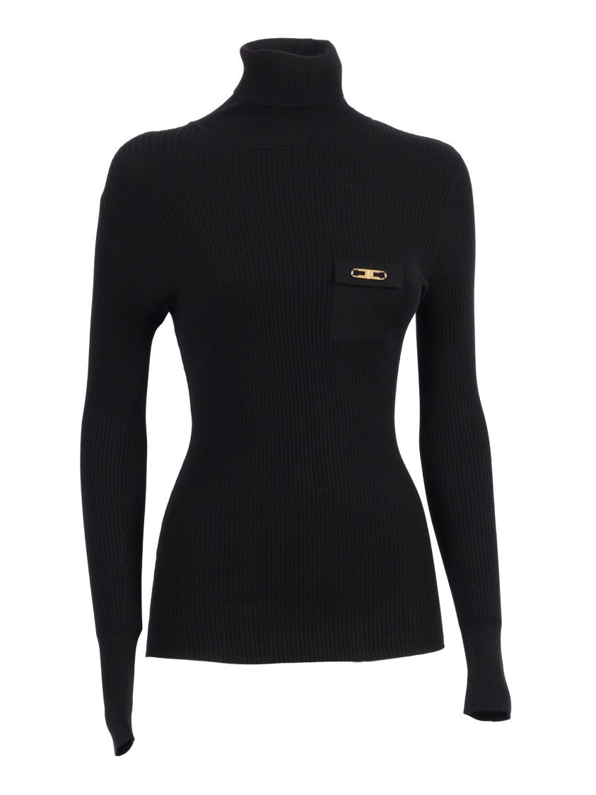 Elisabetta Franchi Fitted Turtleneck Top With Ribbed Texture And Gold Accents
