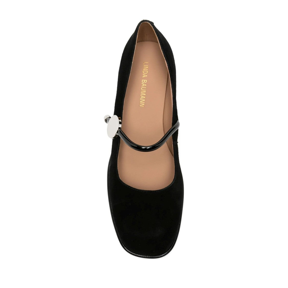 Linda Baumann Black Round Toe Buckle Suede Block-Heel Flats
