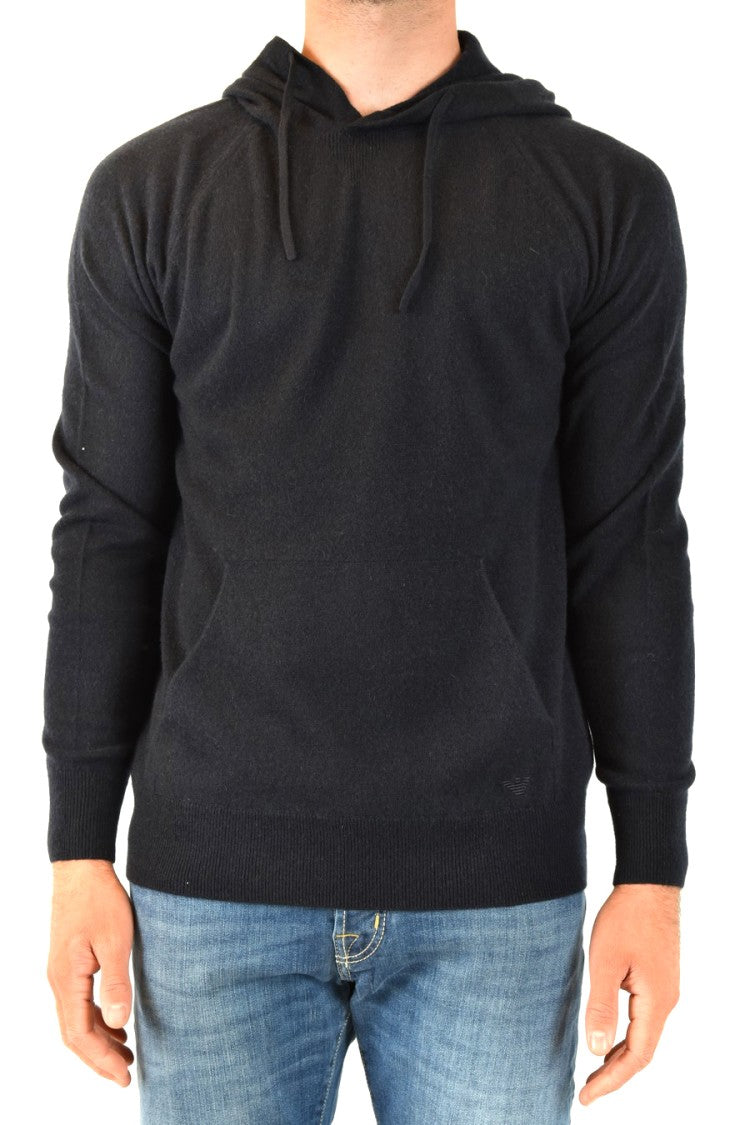 Emporio Armani Hooded Black Knitwear With Drawstrings