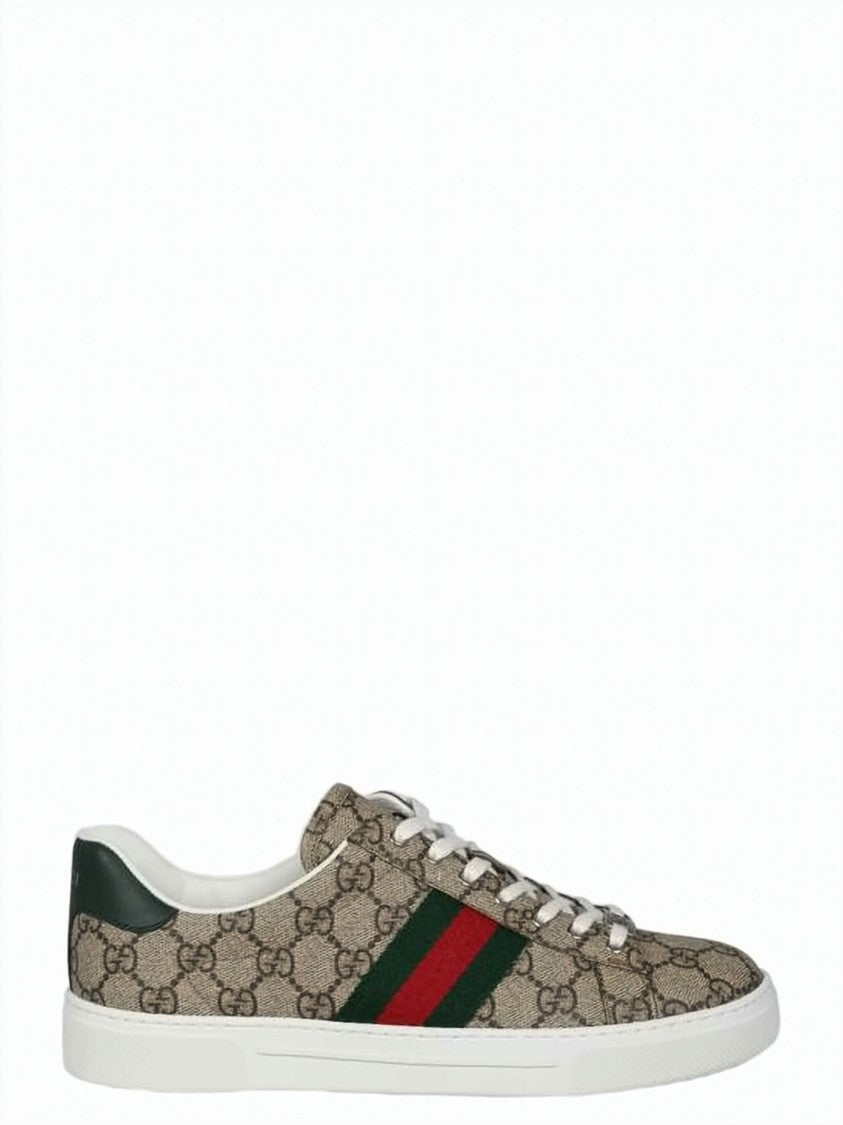 Gucci Canvas Upper Sneakers With Monogram Pattern And Iconic Stripe