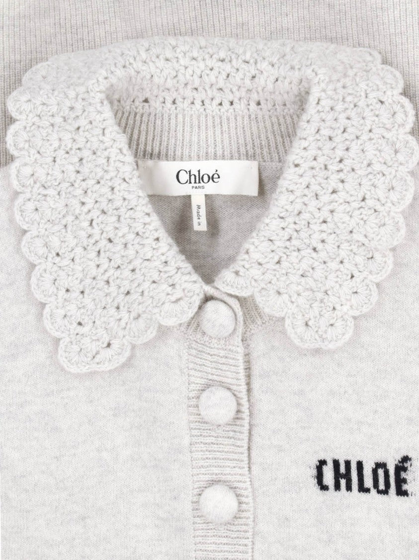 Chloé Grey Wool Cardigan With Crochet Collar And Button Closure