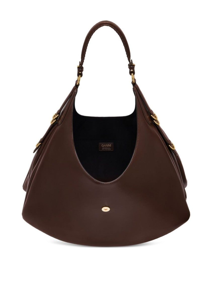 Ganni Crescent-Shaped Brown Leather Shoulder Bag