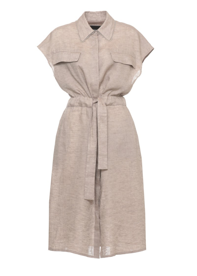 Fabiana Filippi Brown Linen Midi Dress With Classic Collar And Belted Waist