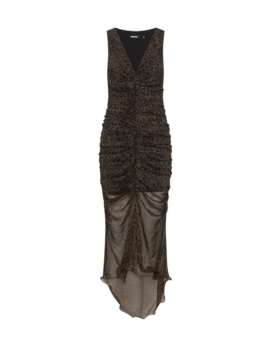 Rotate Sleeveless Midi Dress With Ruched Detailing And Asymmetric Hemline