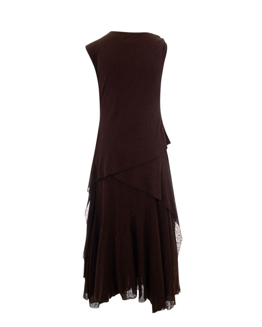 Ganni Draped Midi Dress With Asymmetrical Hem And Layered Mesh