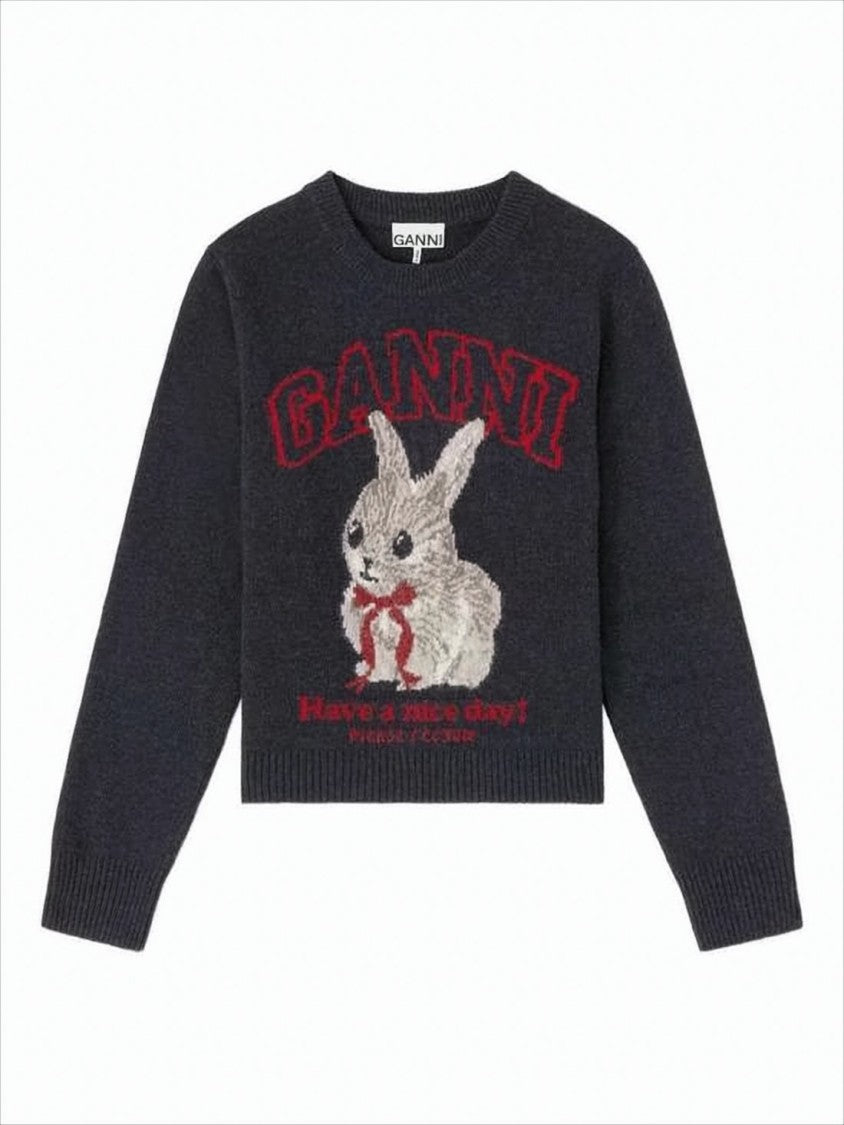 Ganni Knitted Bunny Design Sweater With Classic Crew Neckline
