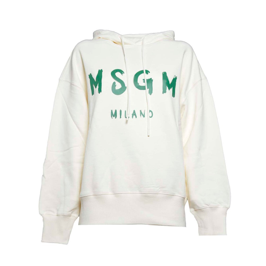 Msgm Cream Cotton Hoodie With Green Brush Print