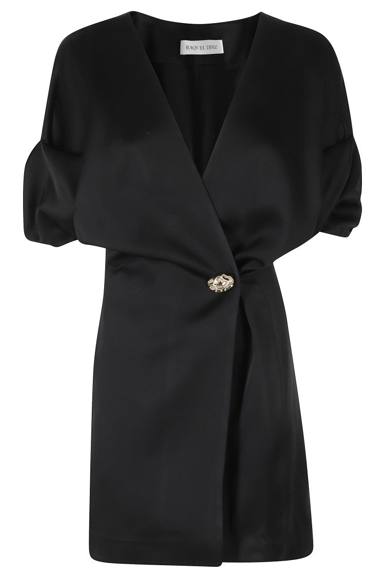 Raquel Diniz Black Anastasia V-Neck Jeweled Button Acetate-Blend Mini Dress