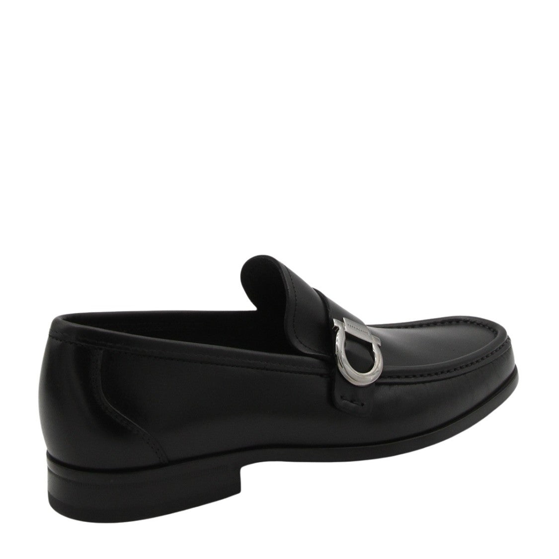 Ferragamo Black Leather Loafers With Silver Buckle Detail