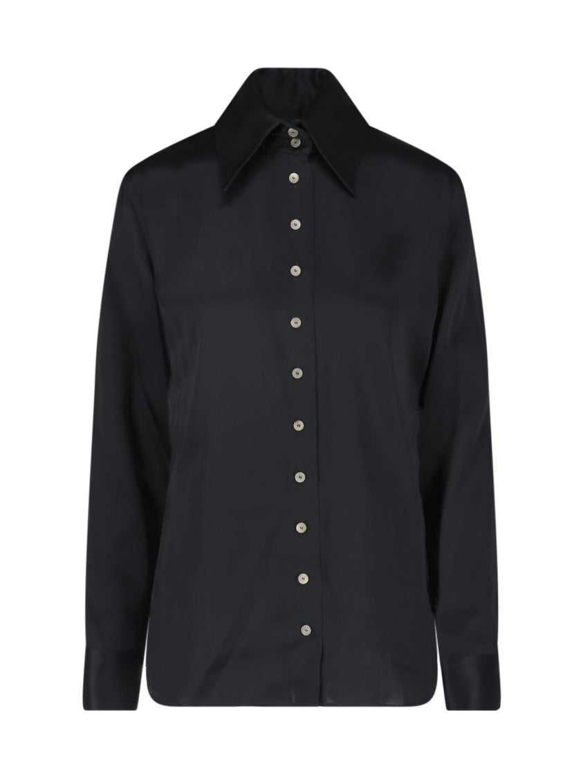 Khaite Ivy Black Pointed Collar Satin Shirt