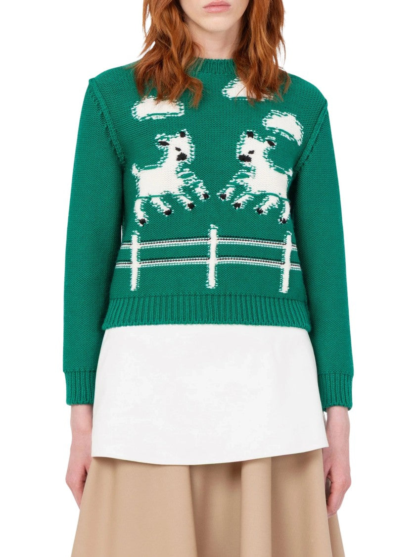 Moschino Cropped Knit Sweater With Playful Horse Motifs And Contrasting Details