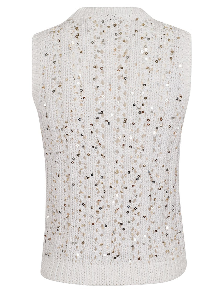 Peserico Knit Vest Top With Crocheted Openwork And Micro-Sequin Detail