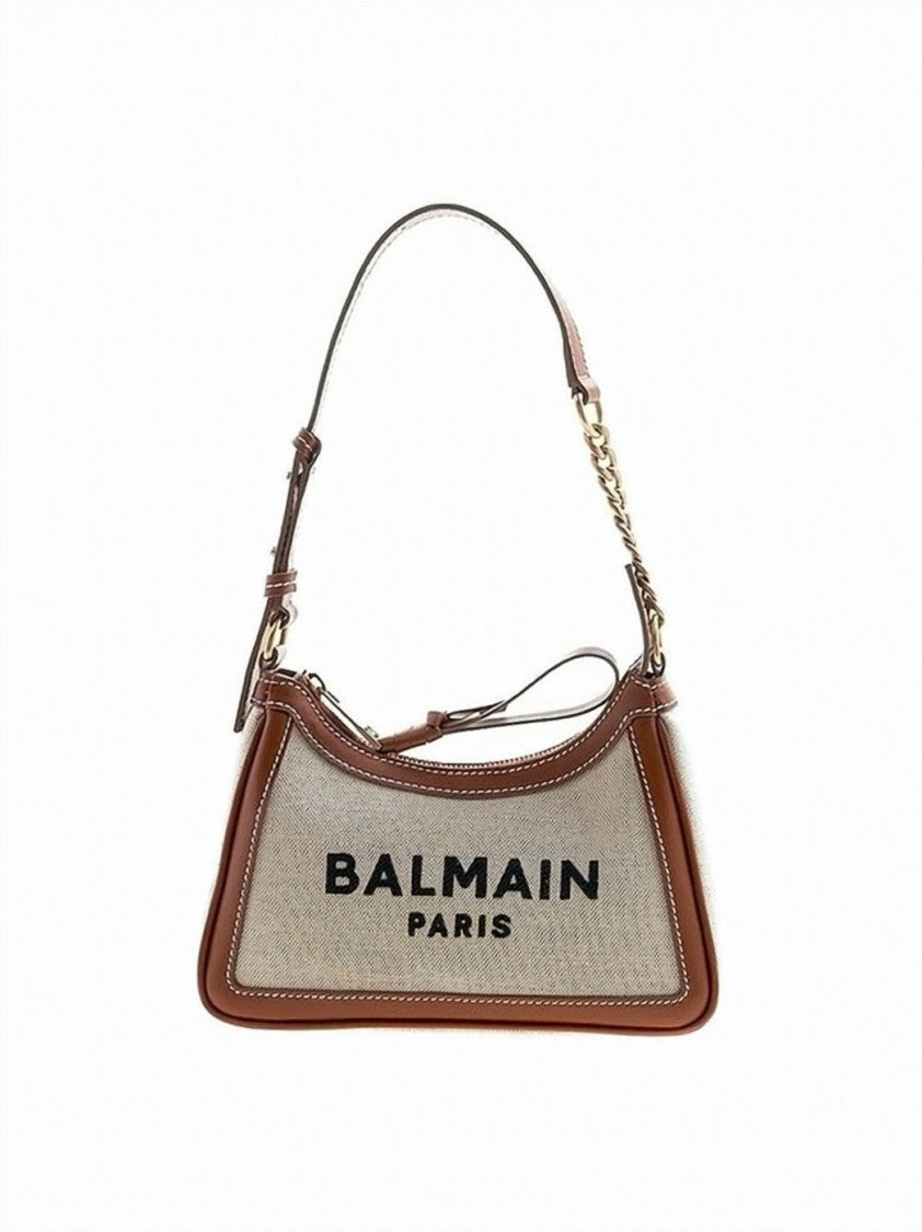 Balmain Trapezoidal Shoulder Bag With Calfskin Trim And Bold Embroidery