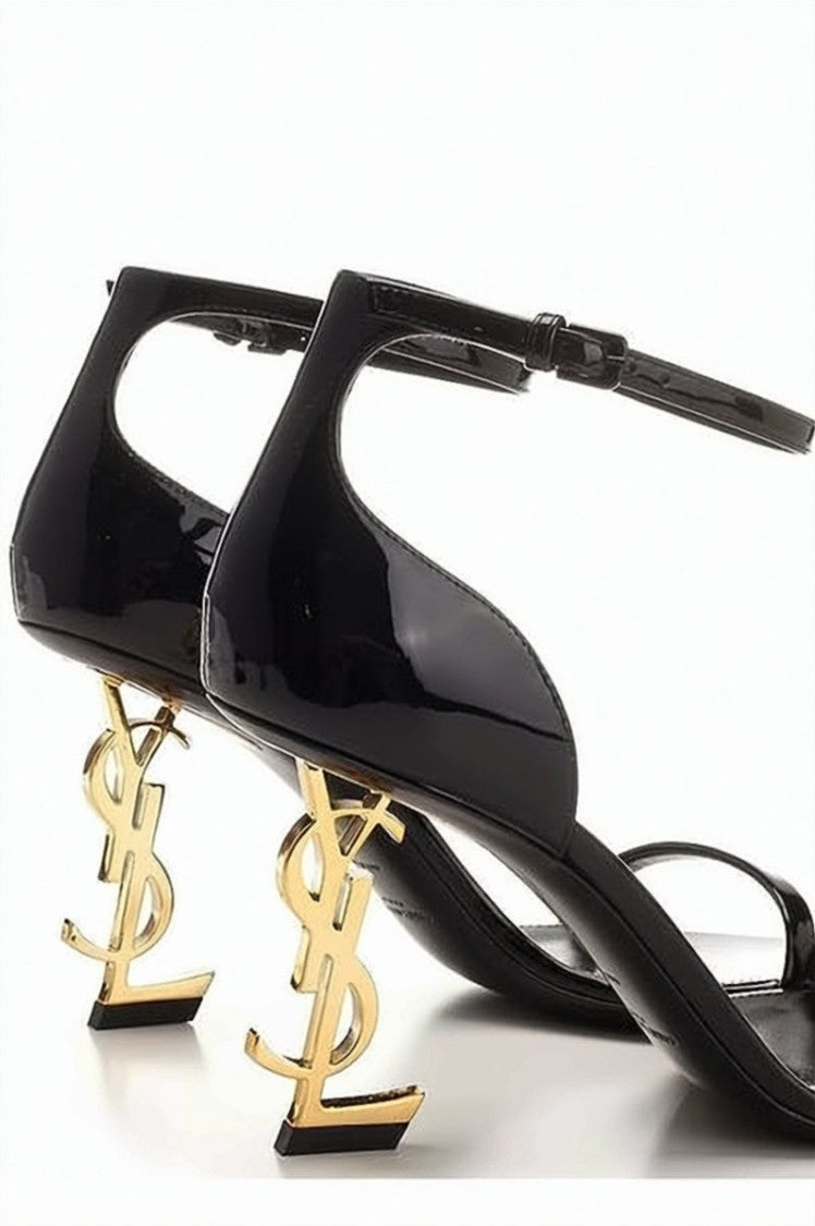 Saint Laurent Patent Leather Opium Sandals With Iconic Logo Heel