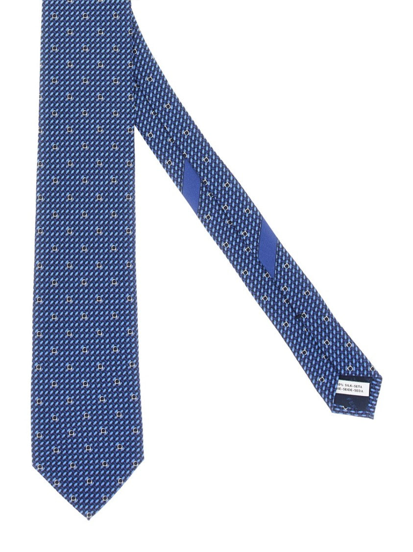 Ferragamo Blue Silk Tie With Gancini Print And Polished Finish