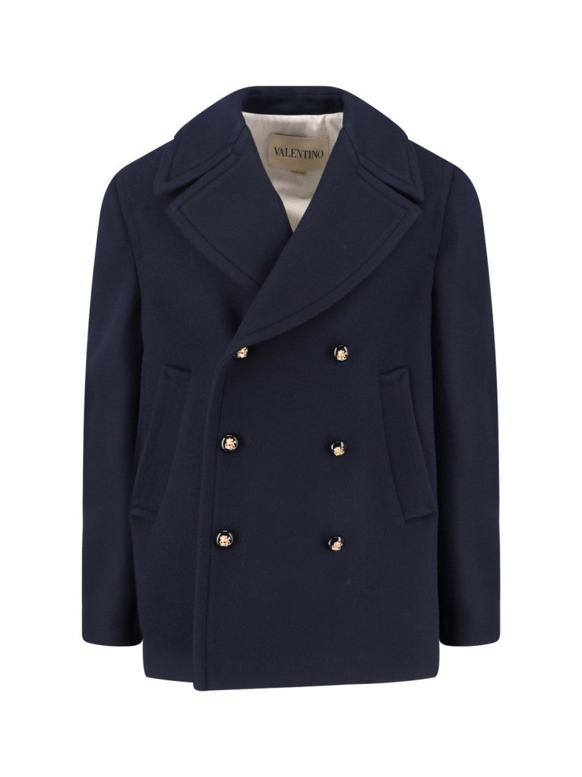 Valentino Double-Breasted Navy Virgin Wool Jacket With Gold Detailing