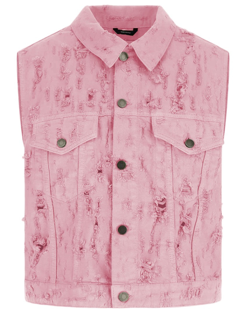 Haikure Fringed Cotton Denim Vest With Classic Collar