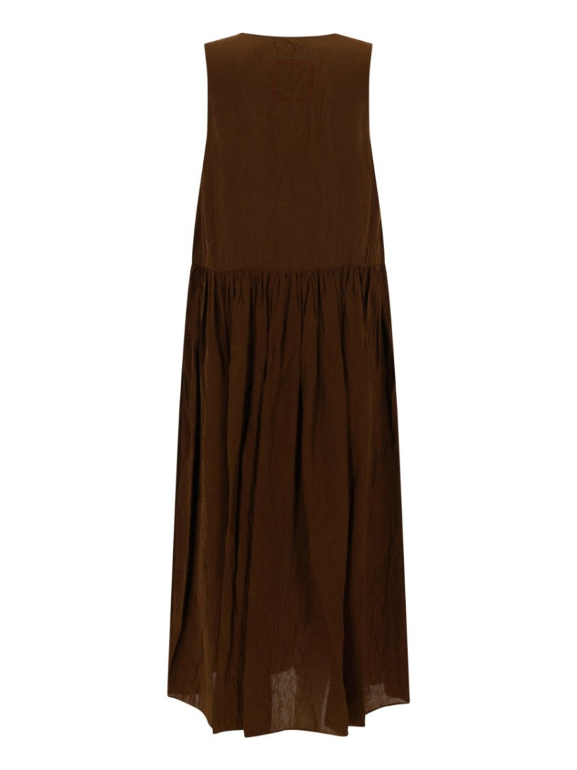 Uma Wang Brown Midi Dress With Gathered Waist And Relaxed Fit