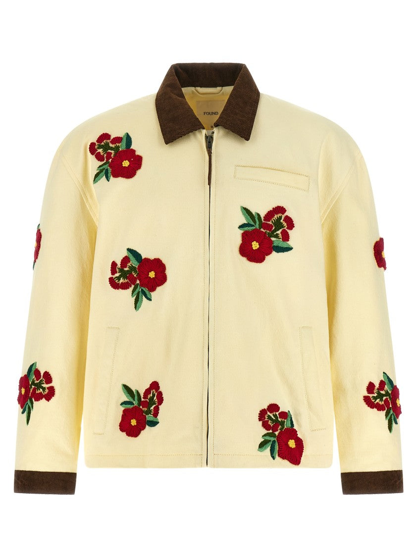 Found Enzymatic Washed Cotton Twill Workwear Jacket With Floral Embroidery