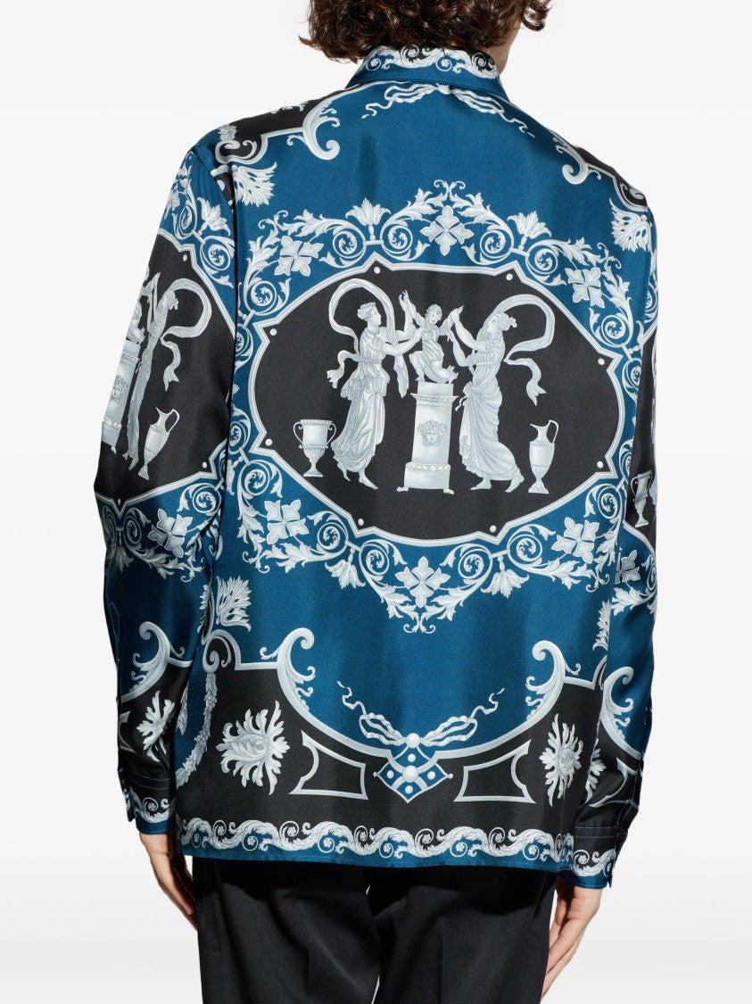 Versace Blue Baroque-Print Silk Long-Sleeve Shirt