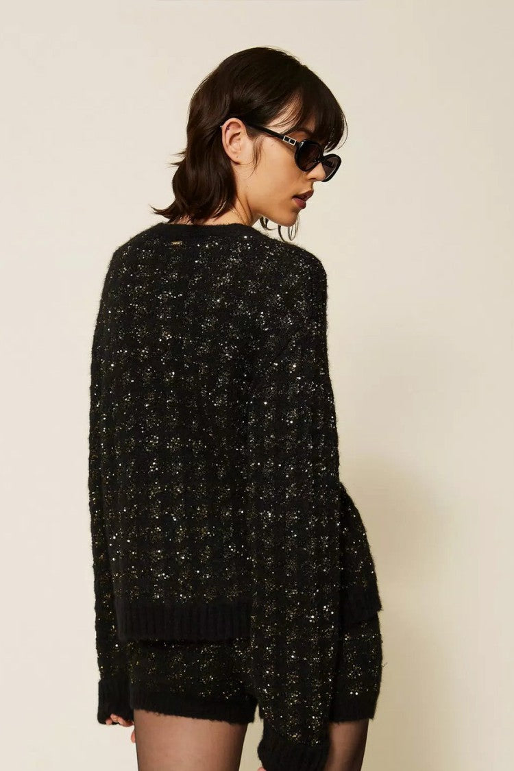 Twin-Set Black Sparkle-Fleck V-Neck Polyester-Blend Cardigan