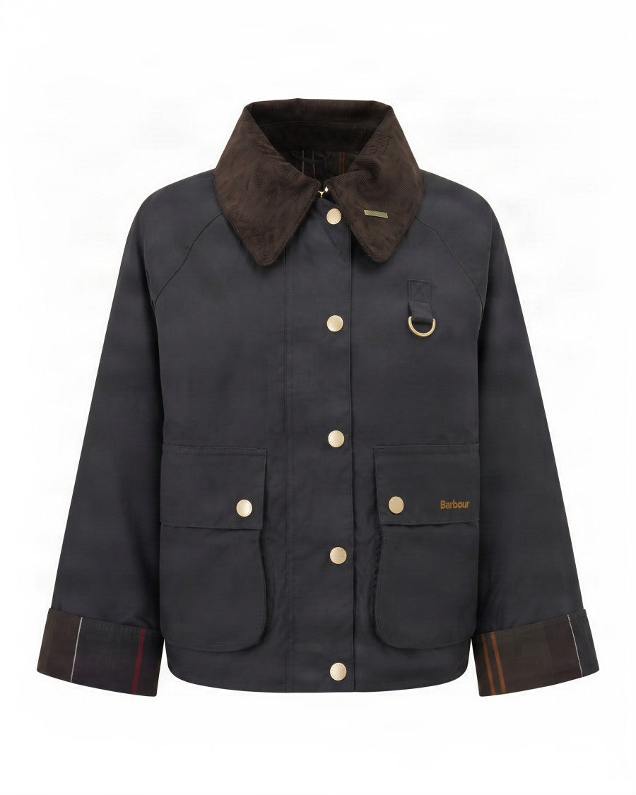 Barbour Short Olive Waxed Cotton Jacket With Corduroy Collar