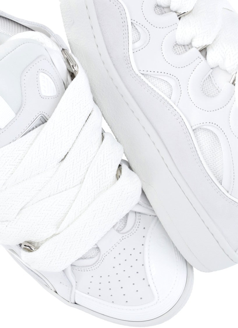 Lanvin White Curb Leather Mesh Panel Sneakers