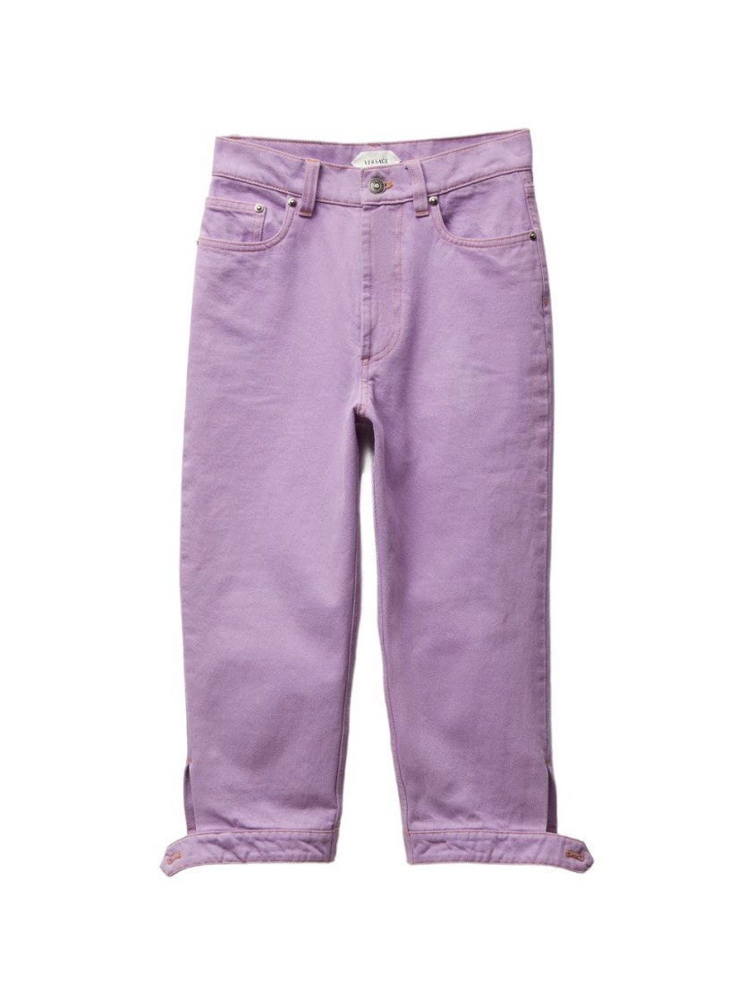 Versace Cropped Slim Fit Jeans With Rolled Hems And Button Detail