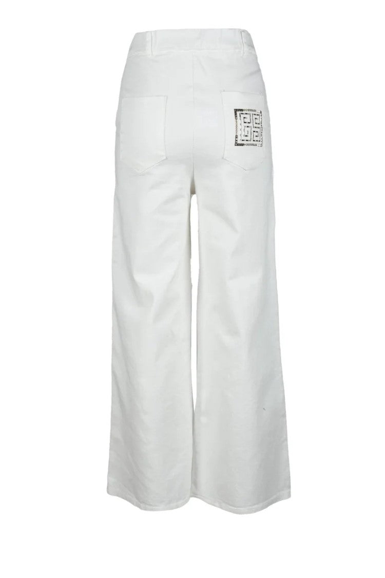Marci By Gil Santucci Cropped White Wide-Leg Trousers With Emblazoned Detail