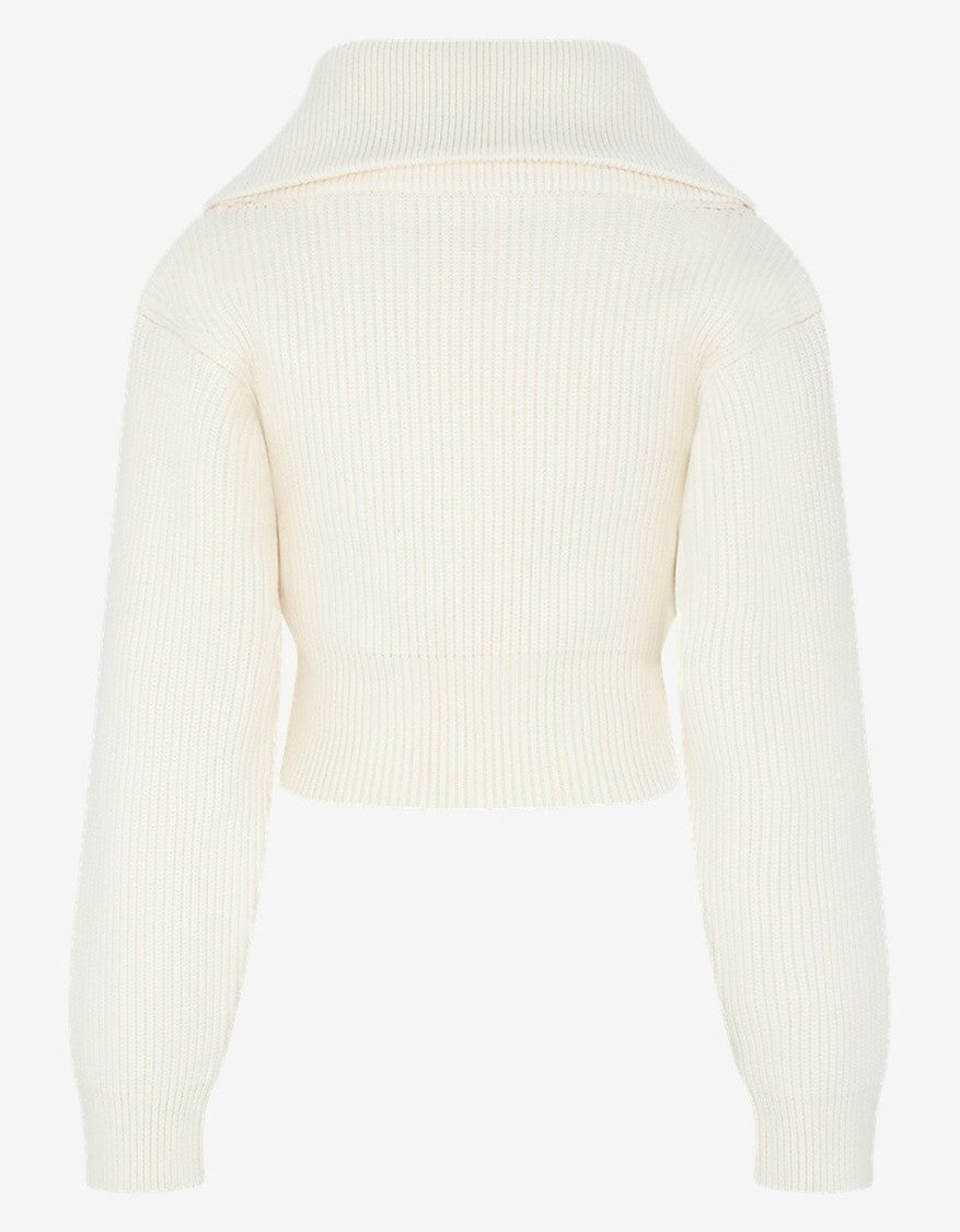 Jacquemus Cropped White Sweater With Wide Folded Collar