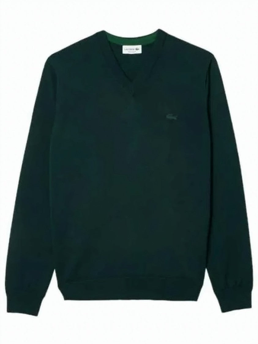 Lacoste V-Neck Deep Green Wool Sweater With Ribbed Finishing