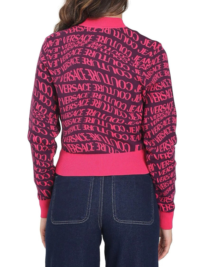 Versace Jeans Couture Short Crew Neck Sweater With Contrasting Pattern And Ribbed Details