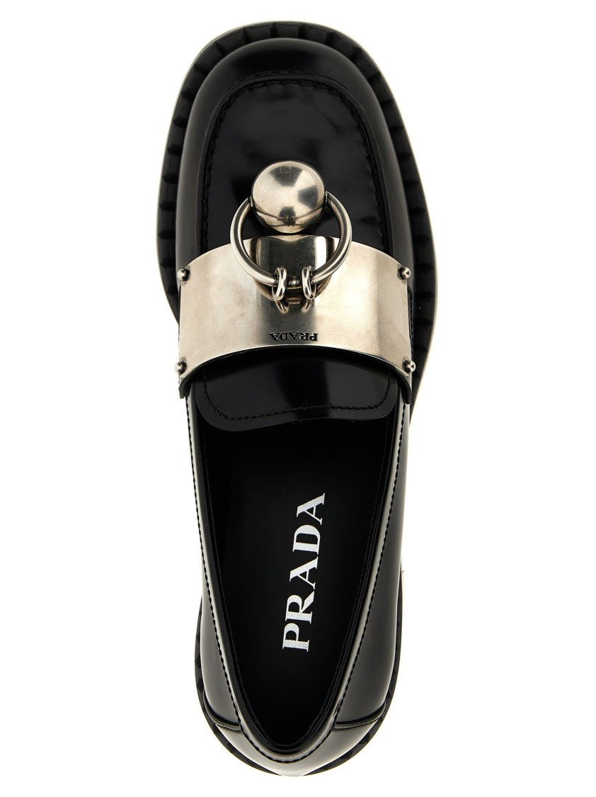 Prada Smoked Brushed Leather Loafers With Metal Piercing Detail