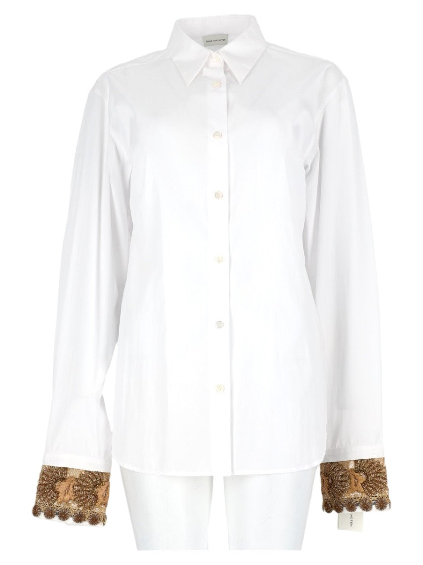 Dries Van Noten White Lace Cuffs Button-Up Cotton Shirt